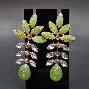 Green Leaf Crystal Drop Earrings - Designer Gold Accent